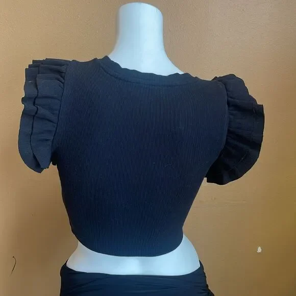 Zara Black Ruffle Sleeve Top Size 26 - Picture 6 of 11